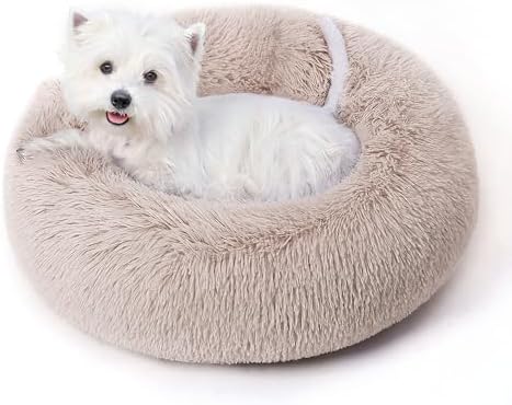 Calming Round Dog Bed & Cat Bed for Indoor Cats, Medium Size Washable Anti-Slip Anti-Anxiety Donut Dog Beds for Small Dogs & Cats, Fluffy Plush Soft Dog Bed(20 Inch, Light Brown)