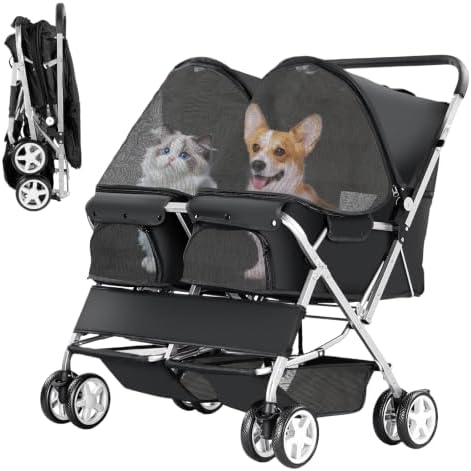 Double Pet Stroller for 2 Dogs & Cats, Side-by-Side, Black