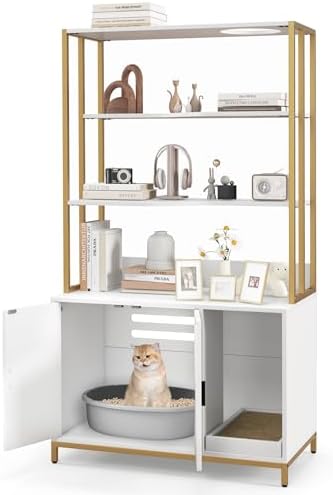 PETSITE Cat Litter Box Furniture with 3 Shelves and Doors, 61 inch Tall Cat Box Enclosure with Display Shelves, Scratching Pad, Indoor Hidden Litter Box with Decorative Storage Shelving (White)
