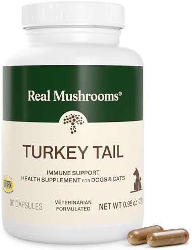 Real Mushrooms Turkey Tail Capsules for Pets –Cat Probiotics & Dog Vitamins – Organic Mushroom Supplement for Dogs & Cats – Supports Daily Balance & Well-Being Non-GMO, 90 ct