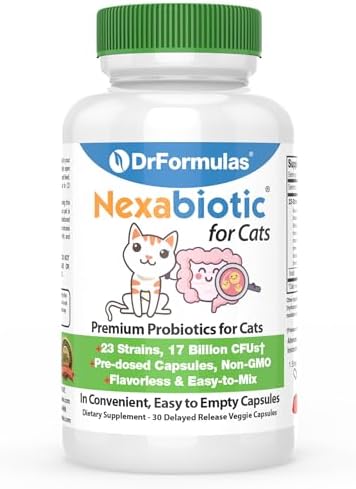 DrFormulas Nexabiotic Probiotics for Cats Powder | Treats Diarrhea for Pets with Saccharomyces Boulardii Lactobacillus Acidophilus, Best Probiotics Supplement for Digestive Health 30 Capsule