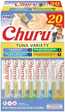 INABA Churu Cat Treats, Lickable, Squeezable Creamy Purée Cat Treat with Green Tea Extract & Taurine, 0.5 Ounces Each Tube, 20 Tubes, Tuna Variety Box
