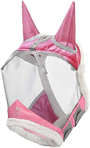 Harrison Howard CareMaster Horse Fly Mask UV Protective Fine Mesh with Extra Wool Soft Touch on Skin Light Pink-Silver XL