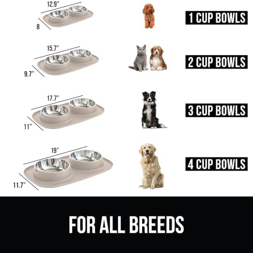 GORILLA GRIP Dog Bowl Set with Feeding Mat, 304 Stainless Steel 3 Cup Beige