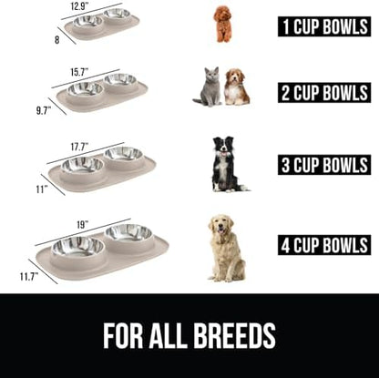 GORILLA GRIP Dog Bowl Set with Feeding Mat, 304 Stainless Steel 3 Cup Beige