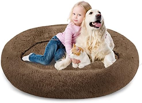 SAVFOX 54 inches Calming Donut Dog Bed - 3X Durable Plush Faux Fur, Machine Washable & Non-Slip, Fits up to 210 lbs, Removable Cover, Brown