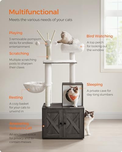 Feandrea Cat Tree with Litter Box Enclosure, 59-Inch, 2-in-1 Condo