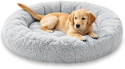 Calming Extra Large Donut Dog Bed, Anti-Anxiety Round Soft Fluffy Plush Faux Fur Washable Anti-Slip Pet Bed for Medium Dogs Up to 45 lbs 32in Gray