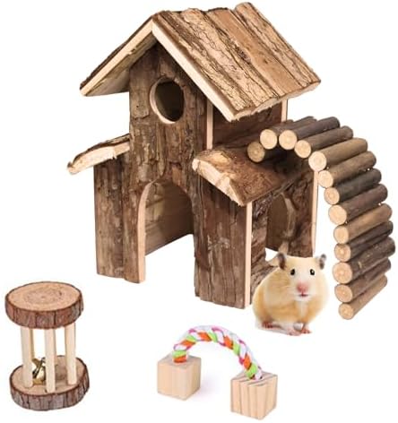 Small Animal Amusement Wooden Villa House Hideouts Playground with Ladder, Fit for Chinchilla, Guinea Pigs, Gerbil, Dwarf Mice, Hedgehog (4 Pcs)