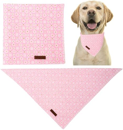 Summer Dog Bandana, UP URARA PUP Daisy Triangle Bid Scarf for Medium Large Dogs, Cotton Kerchief for Girl Boy Puppies, Cute Spring Pink Grid Bandana,S