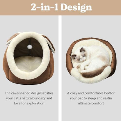 Cat Beds for Indoor Cats-Rabbit-Shaped Cat Cave Bed with Toy,Brown L