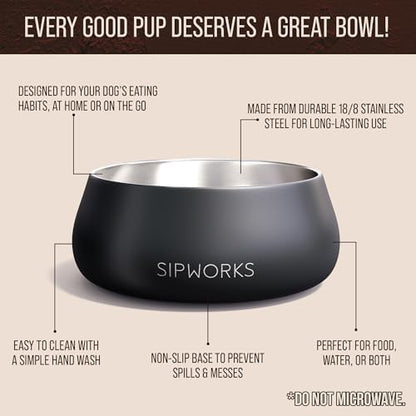 Sipworks Stainless Steel Dog Bowl – 32oz Weighted Metal Food and Water Bowls for Dogs and Cats with Non-Slip Base - Pet Bowls for All Breeds Sizes for Travel & Outdoor Play | Oyster