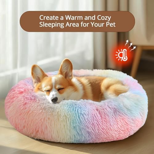 JOLLYVOGUE Calming Dog Bed Medium Size Dog, 31in Donut Washable Medium Pet Bed, Anti-Slip & Anti-Anxiety Fluffy Faux Fur Round Dogs Bed, Fits up to 45 lbs Pets (Rainbow)