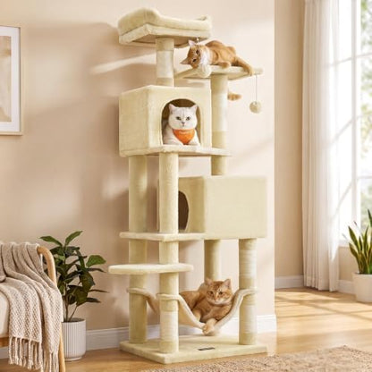 Feandrea Cat Tree, 59.5-Inch Tall Cat Tower, Multi-Level Condo, Beige