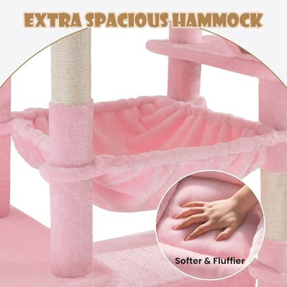 SHA CERLIN 81in Multi-Level Tall Cat Tree Tower for Indoor Kitties/Larger Cat Condo Furniture with Hammock/Cozy Pussycat Perches/Sisal Scratching Posts/Pet House/Wide Base/Pink