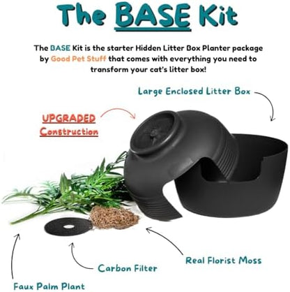 Good Pet Stuff Original Hidden Litter Box Planter, Decorative Cat Litter Enclosure with Carbon Filter, Artificial Palm Plant, Upgraded Design, Easy to Clean, Base Kit, Black Suede