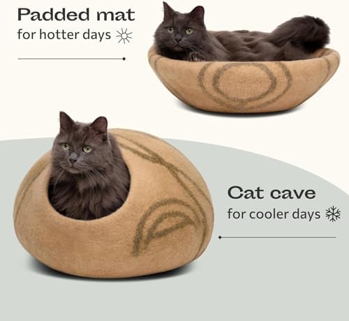 MEOWFIA Cat Cave - Merino Wool Bed for Indoor Cats (Beige, Large)