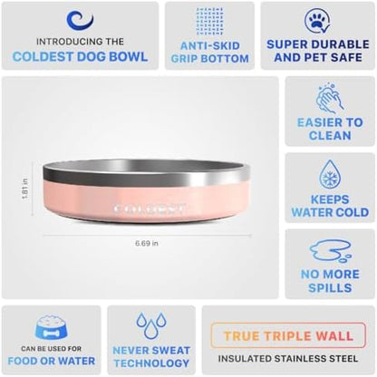 Coldest Dog Bowl - Anti Rust Metal, Non Slip, 3 Layers Insulated Stainless Steel Dog Bowls - Spill Proof & Heavy Duty - Water Bowl for Dogs, Cats & Pets, Dish Washer Safe (21 oz, Forever Pink Glitter)