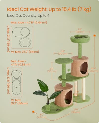 Feandrea Cat Tree, 42.9-Inch Multi-Level Plush Cat Tower, Artificial Leaves