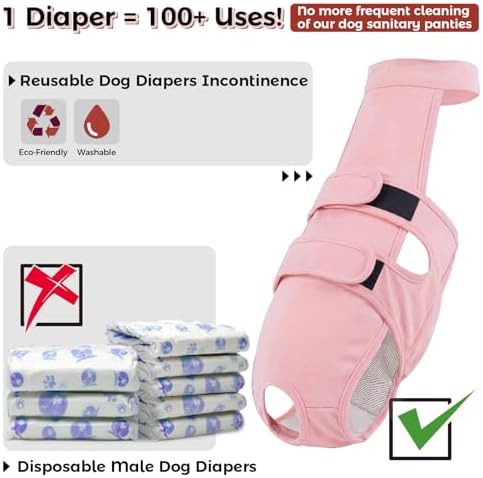 QBLEEV Dog Diapers with Suspenders, Female Escape-Proof Full Body Dog Period Diapers Overalls, Reusable Washable Sanitary Panties for Heat Cycle & Incontinence, Doggie Underwear Onesie with Tail Hole