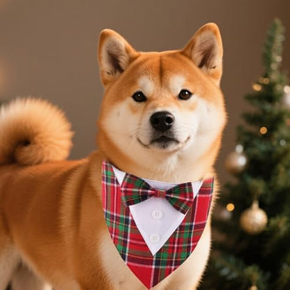 ADOGGYGO Christmas Dog Tuxedo Bandana, Red Green Plaid Pet Xmas Collar with Bow, Adjustable Christmas Costume for Extra Small Dogs (XS)
