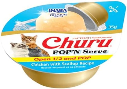 INABA Churu Pop'n Serve Lickable Cat Treats, Chicken Scallop, 8ct