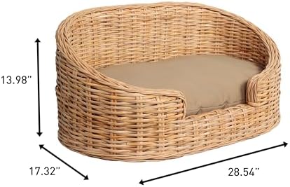 DBD1000B Curvy 28.5" x 17.25" Classic Handwoven Rattan Pet Bed with Machine-Washable Cushion, Light Brown
