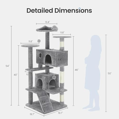 54 Inches Cat Tree Tower for Indoor Cats, Cat Tree Tower Condo with Scratching Post for Cats House Play, Multi-Level Furniture Activity Center for Pet, Sisal Rope, Light Gray