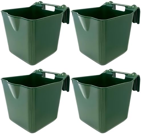 Horse Feed Bucket, 15 Quart Plastic Stall Hook Over, Green 4-Pack