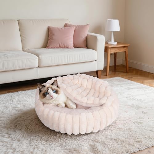 Cat Beds for Indoor Cats, 2 in 1 Cat Cave Bed Kitten Bed for Small Pets, Small Dog Bed with Cover, Pet Bed for Puppy and Kitten with Anti-Slip Bottom-Beige Pink-20 inches
