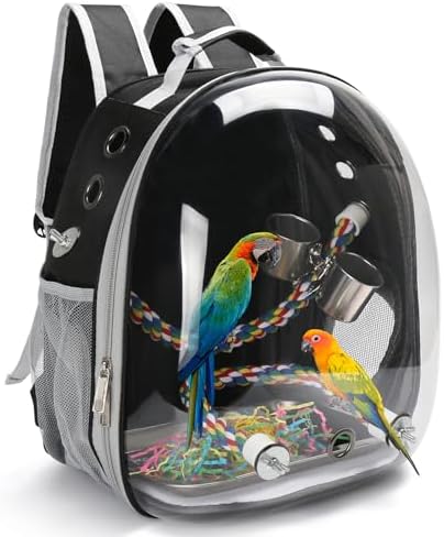 Bird Backpack Carrier, Travel Bird Cage for Small Medium Size Parrot Parakeet Budgies Cockatiel, Portable Clear Bubble Window Bag with Stainless Steel Tray Food Bowl Standing Perch (Black)