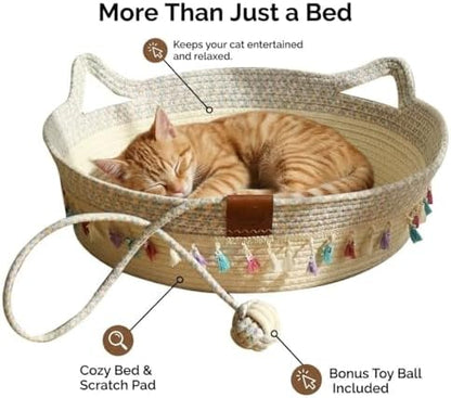 Cat Bed Basket with Soft Cushion & Play Ball - Cotton Rope Cat Beds for Indoor Cats, Kittens & Medium and Large Cat - Durable Handwoven Cat Scratching Bed with Decorative Tassels, All Season Universal