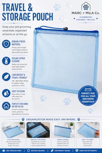 6-Piece Dog and Cat Grooming Kit - Self Cleaning Slicker Brush, Deshedding Brush, Bath Brush with Soap Dispenser, Grooming Bath Gloves, Microfiber Towel and Storage Pouch (Blue)