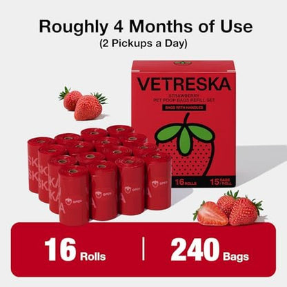 VETRESKA Dog Poop Bag with Handles 240 Count, Strawberry Scented Waste Bag