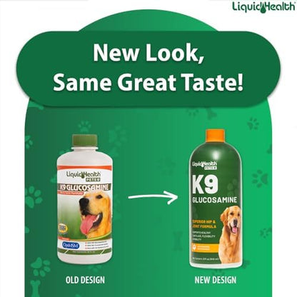 LIQUIDHEALTH Pets K9 Liquid Glucosamine for Dogs, Puppies, Senior Canines with Chondroitin, MSM, Hyaluronic Acid - Dog Vitamins for Hip & Joint Health, Dog Joint Oil, Joint Juice - Made in USA (32 oz)