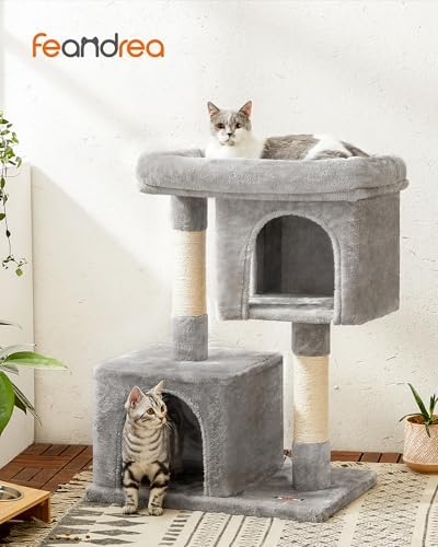 Feandrea Cat Tree, 33.1-Inch Cute Cat Tower, Plush Kitten Condo, Light Gray