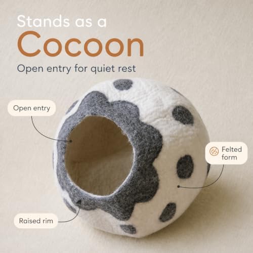 Cat Cave Bed - Gray White Handmade Felted Wool, Large Covered Cozy Cocoon, Indoor Hideaway Igloo House, Also Perfect Kitten Gift, By Earthtone Solutions (Cozy Pueblo)