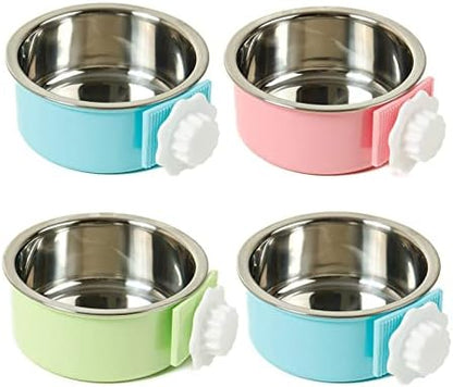 kathson Crate Dog Bowl, Removable Stainless Steel Hanging Pet Cage Bowl Food & Water Feeder Coop Cup for Cat, Puppy, Birds, Rats, Guinea Pigs 4pcs(2×Blue,1×Pink,1×Green)