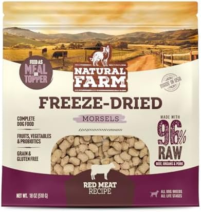 Natural Farm Freeze-Dried Red Meat Morsels for Dogs – 96% Raw Beef, Organs & Pork, Complete Meal or Food Topper, Grain-Free, Gluten-Free, Probiotics for Digestion, All Life Stages – 18oz Bag