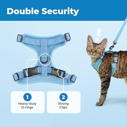 Voyager Escape-Proof Step-in Lock Cat Harness & 5ft Neoprene-Handle Leash Set All-Weather Mesh with Reflective Stitching for Small to Large Cats by Best Pet Supplies, Baby Blue (327), M