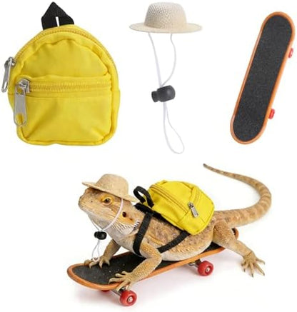 Bearded Dragon Clothes Lizard Toy - Mini hat,Skateboard,Backpack Gifts for Reptiles Pet - Cute Bearded Dragon Costume Accessories for Lizard Iguana Reptiles Small Animals (Yellow)