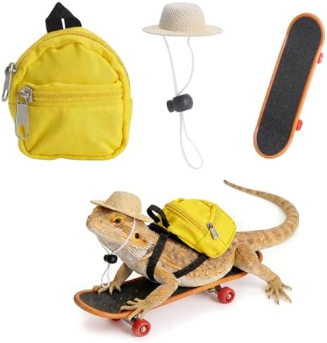 Bearded Dragon Clothes Lizard Toy - Mini hat,Skateboard,Backpack Gifts for Reptiles Pet - Cute Bearded Dragon Costume Accessories for Lizard Iguana Reptiles Small Animals (Yellow)