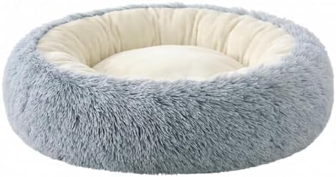 Calming Donut Pet Bed, Fluffy Long Fur Outer & Short Fur Inner, Sweat-Free & Cozy, Non-Slip Bottom, for Small Medium Dogs, Cats, Puppies & Kittens (Grey, 23.6 in)