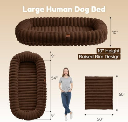 ChiXnuggle Orthopedic Human Dog Bed,Striped Faux Fur Washable Cover,Blanket