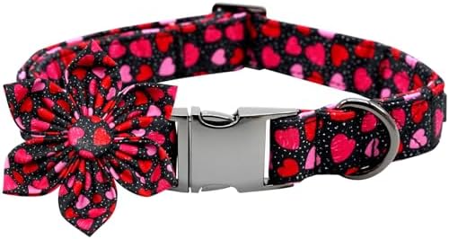 Dog Collar - Valentine's Pet Collar with Flower for Dogs Heart Print Flower Adjustable Puppy Collar Girl Pet Gift Collars for Medium Small Large Dogs