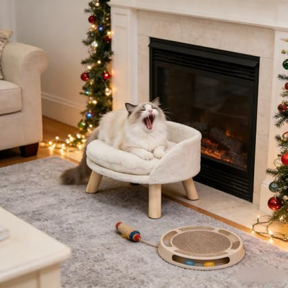 Elevated Dog Bed: Cat Bed for Indoor Cats with Cozy Pad Waterproof - Nordic Cat Stool Chair with Sturdy Wood Legs Anti Slip for Puppy Kitten