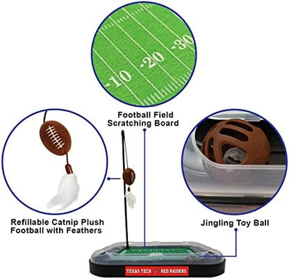 Pets First Cat Scratcher Toy + Interactive Ball Bell in Tracks - 5-in-1 Toy: Wand Poll + Catnip Filled Plush Football & Feathers