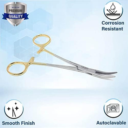 Dog Pet Ear/Nose Hair Puller Grooming Hemostat Locking Forceps Curved Pliers, 5.5" (14cm) Full Serrated Clamps Stainless Steel (Gold Handle)