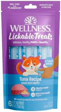 Wellness Lickable Soft Puree Cat Treats, All Lifestages, Kitten to Senior, Natural, Grain Free, Tuna Flavor, 0.4 oz, Pack of 6 Tubes