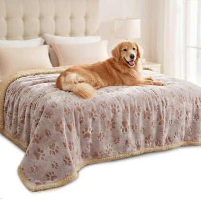 Luciphia Waterproof Pet Blankets Whith Paw Print for Couch Sofa Bed Cover, Liquid Pee Proof Soft Fluffy Dog Blanket Washable, Reversible Furniture Protection Puppy Cat, Khaki, X-Large（85" x 57"）